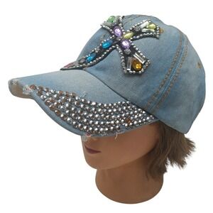 Women's Distressed Hat Blue Western‎ Rhinestones Cross Accent Adjustable